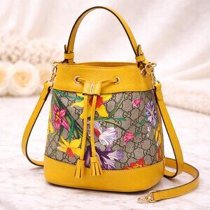 Authentic Gucci Ophidia GG Flora Bucket Bag Yellow Leather Drawstring Crossbody